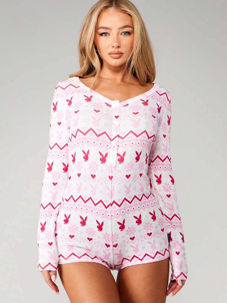 Missguided x Playboy Christmas Fairisle Bunny Logo Scoop Neck Long Sleeve Holiday Pyjama Romper