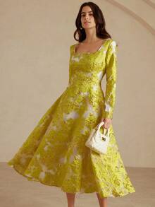 Aveloria Rosie Robe élégante à col trapèze avec imprimé floral métallique, robe ajustée à la taille avec ourlet évasé, robe de soirée romantique et sophistiquée à manches longues - Jaune citron - Voir 5