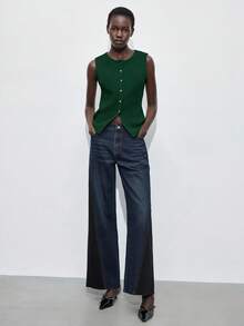 Maija 女士纯色前开襟无袖针织上衣，优雅百搭，适合都市通勤、商务、休闲、办公穿着，也适合冬季、圣诞节和新年穿着。 - 墨綠色 - 查看 3