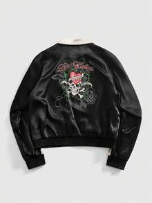 ROMWE MEN Goth Men's Skull Floral Print Contrast Color Satin Long Sleeve Jacket - Black - View 2