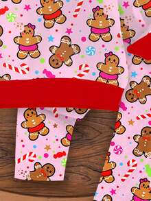 SHEIN Bộ đồ ngủ Giáng sinh Happikins cho bé gái, họa tiết người bánh gừng, kẹo gậy và ngôi sao trang trí cây thông, màu kem hồng, chất liệu mềm mại, dày dặn, tay dài, thích hợp cho mùa thu/đông, đi chơi, nghỉ lễ. - Nhiều màu - Xem 6