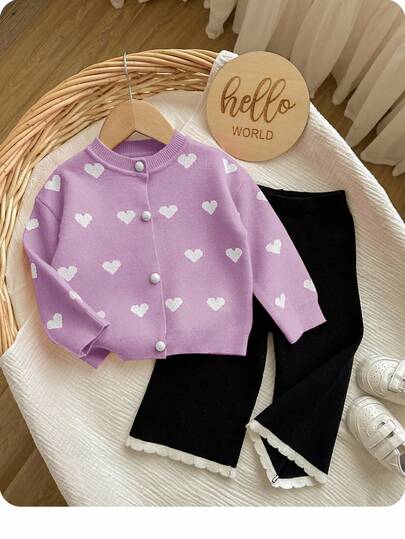 SHEIN 女婴休闲爱心图案毛衣套装