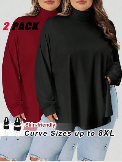 SHEIN CURVE+ 2 piezas Conjunto de camisetas de manga larga de cuello alto, corte holgado, en negro y blanco, tallas grandes, adecuado para otoño/invierno, ropa de otoño/invierno para mujer