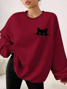 SHEIN EZwear 可爱黑猫偷窥图案休闲简约酒红色圆领加厚宽松长袖卫衣，适合秋冬季新年派对 - 酒紅色 - 查看 4