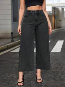 SHEIN ICON 冬季加大码女式高腰阔腿个性时尚七分牛仔裤 - 深灰色 - 查看 8