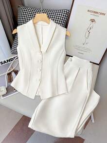 SHEIN Clasi Elegant White Suit Vest & Straight Leg Pants 2Pc Set For Women, Slimming Effect, Summer
