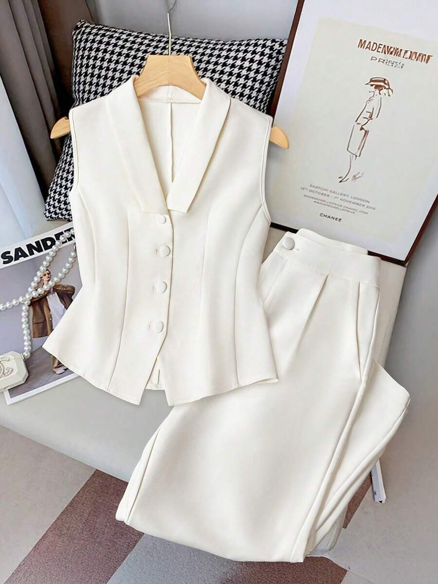 SHEIN Clasi Elegant White Suit Vest & Straight Leg Pants 2Pc Set For Women, Slimming Effect, Summer