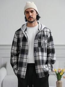 HUEFORM 男士纯棉撞色格子布拼接口袋保暖防寒连帽衫，适合居家生活和日常冬季穿着，长袖上衣 - 彩色 - 查看 3