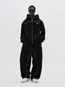 SUMWON Men's Oversized Hooded Sweatsuit Set With White Contrast Piping Drawstring Hood Wide Leg Sweatpants Casual Winter Loungewear - Black - View 1