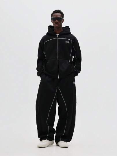 SUMWON 男士宽松连帽运动套装，白色撞色滚边抽绳连帽阔腿运动裤，休闲冬季家居服