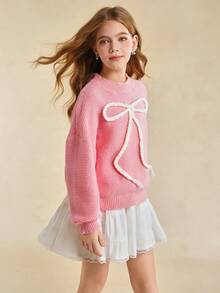 Tween Girls' Sweater With Embroidered Bow, Sweet Casual Versatile Daily Wear, Soft & Comfortable Fall Winter