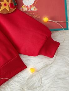 SHEIN EZwear 女士休闲红色圆领运动衫，适合秋冬季，适合圣诞节，圣诞驯鹿印花 - 紅色 - 查看 6