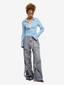 SUMWON WOMEN Wide Leg Denim Jeans With Decorative Strapping Details And Oversized Fit For Women - Light Wash - View 5
