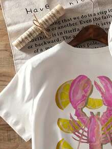 تي شيرت نسائي كاجوال بأكمام قصيرة وياقة مستديرة بطبعة سرطان البحر للصيف