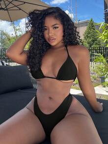 Alexandranx V-Neck Halter Bikini Set, Two Pieces Swimwear Bathing Suit Beach Outfit Summer Vacation,Summer Beach - Black - View 6