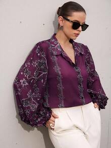Aveloria Modichic Blusa elegante de manga larga con volantes de capa, estampado floral y contraste de color en gasa - Morado - Ver 7