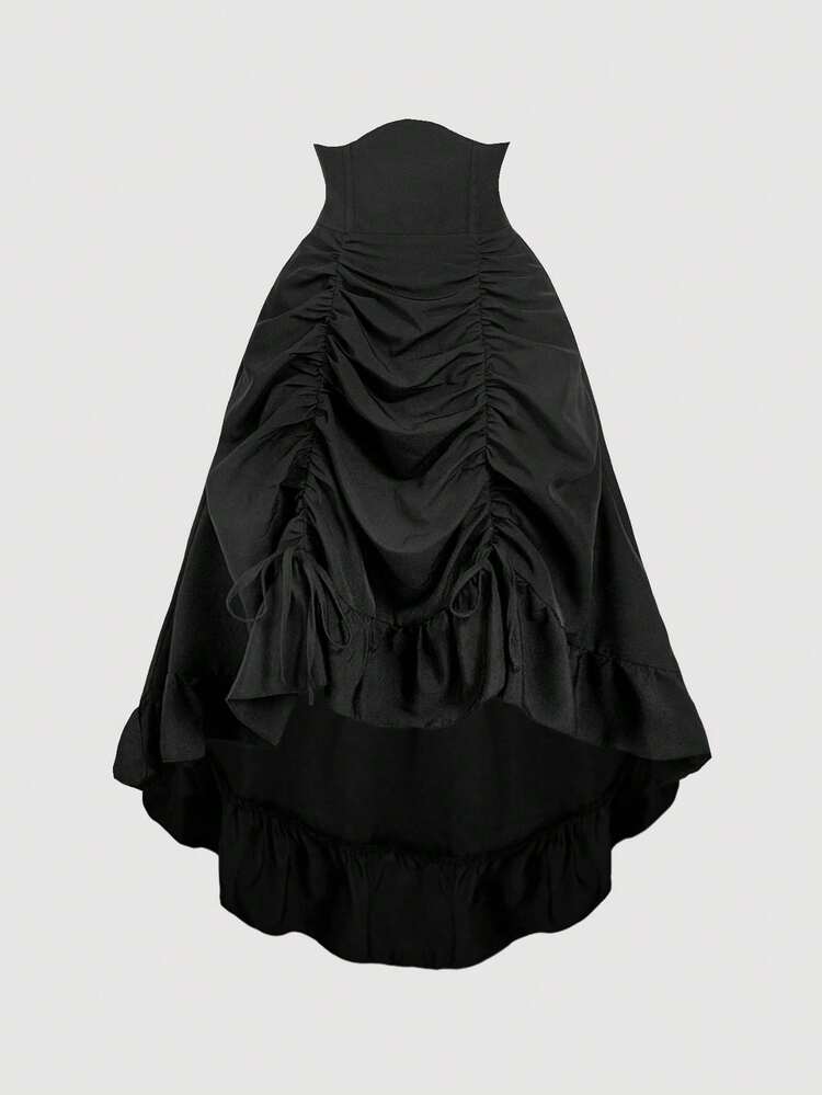 SHEIN MOD Saia Assimétrica de Cintura Alta, Cós de Cintura Alta, Bainha Frontal Pregueada, Comprimento Ajustável, Acabamento Franzido, Design Reversível, Cintura Traseira Franzida, Preto, Vintage, Retrô - Preto - Visão 6