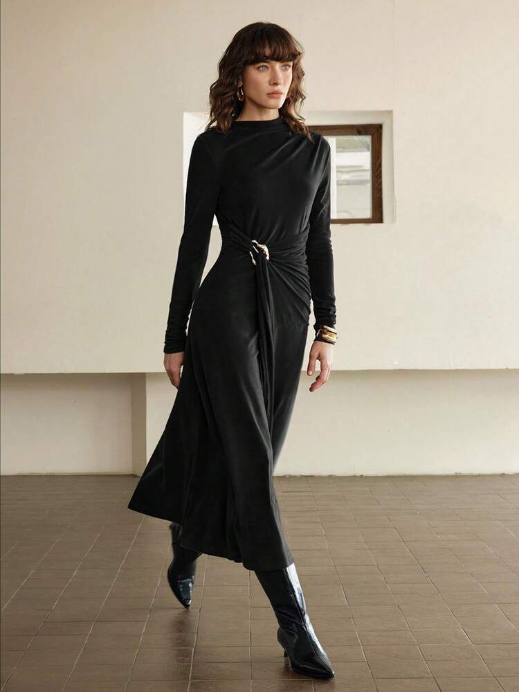 Women's Gathered Waist Ruched Collar Elegant Dress, Suitable For Urban Commute, Business, Casual, Vacation, Beach, Christmas, New Year Party Modern Urban Casual Fashion Business Casual Women's Office Wear Low-Key Old Money Style Effortless Temperament High-End Urban Commuting High-Quality Airport Women's Wear High-End Material