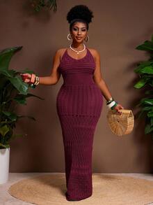 Veslaya Plus Size Solid Color Minimalist Sleeveless Sweater Dress - Burgundy - View 6