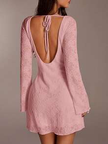 SHEIN Forever 21 复古印花露背长袖迷你连衣裙 - 粉色 - 查看 2