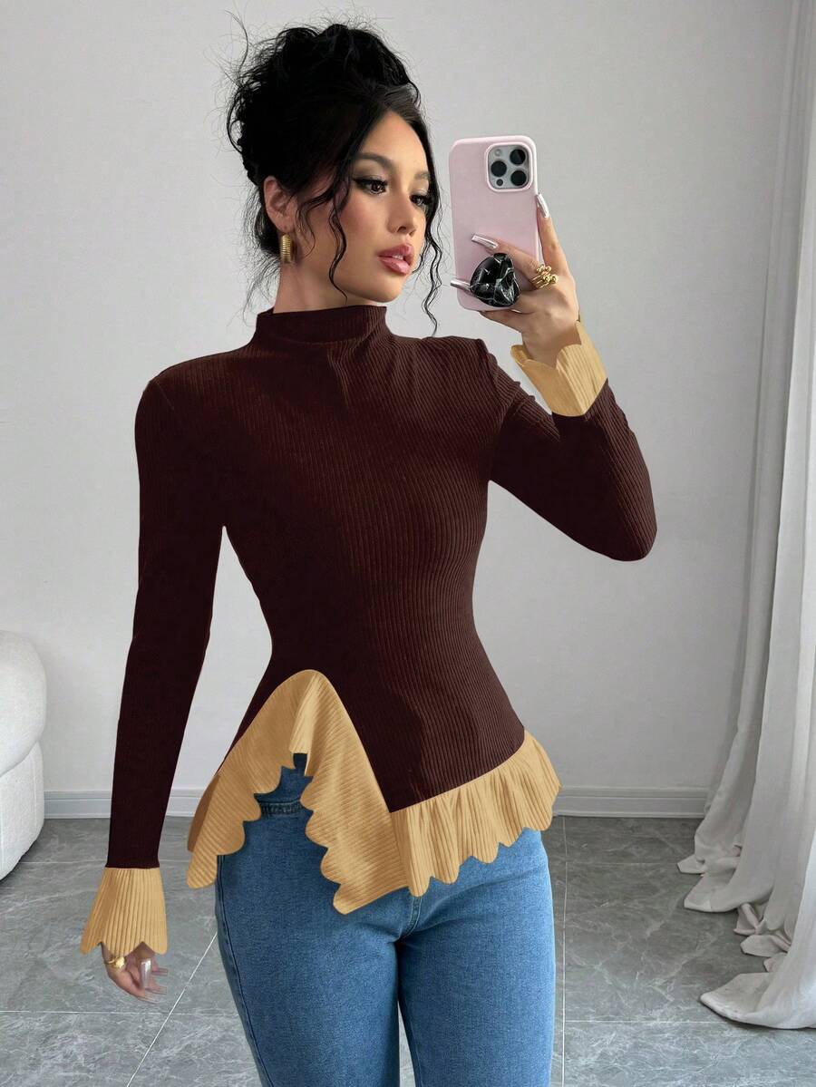 Elenzga 女式撞色荷叶边高领长袖 T 恤 - 咖啡棕 - 查看 1