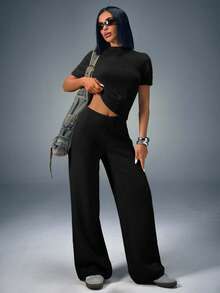 CasuGlow Conjunto de 2 piezas de top de punto con cordón y short de punto cómodo y acogedor para mujer - Negro - Ver 8