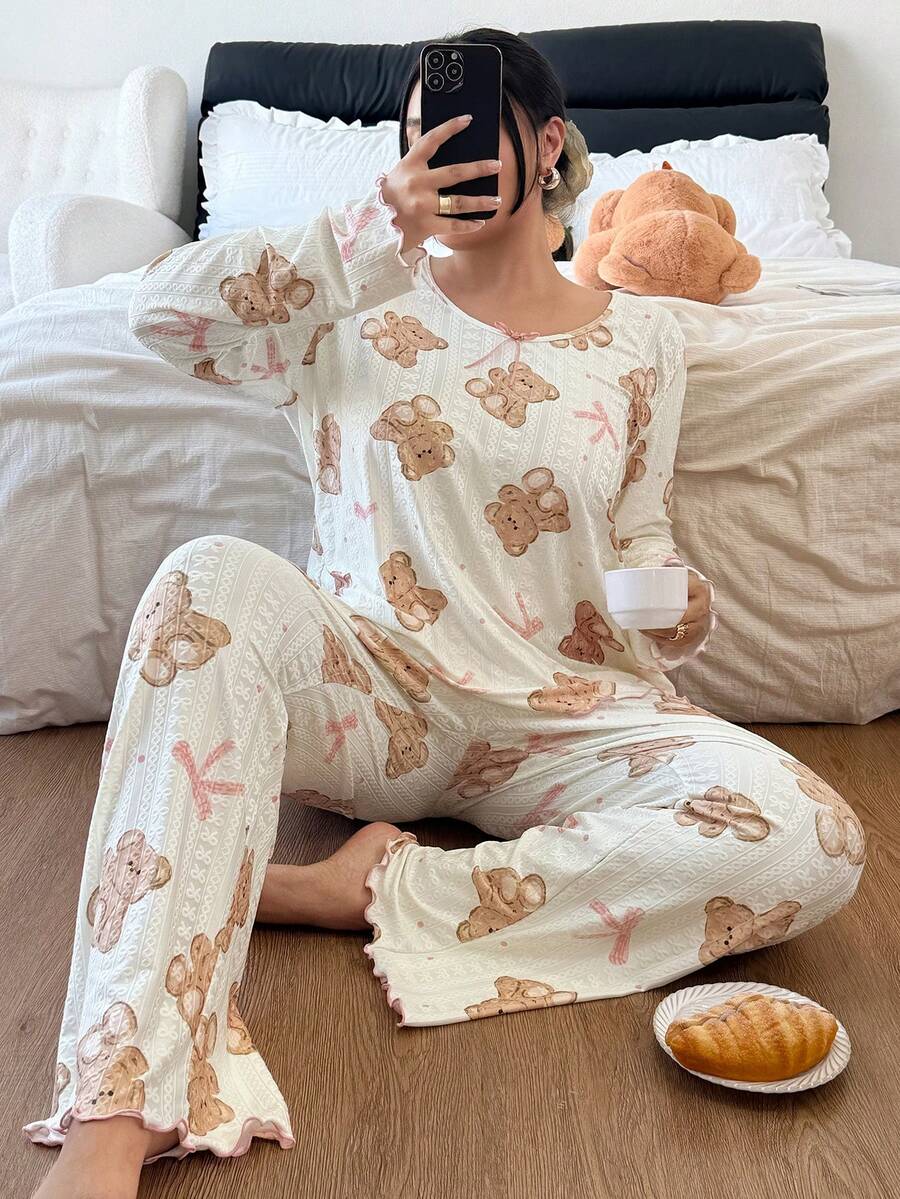 SHEIN Bộ đồ ngủ tay dài in hình gấu và nơ dễ thương cỡ lớn cho nữ, quần áo mùa đông - Màu be - Xem 1