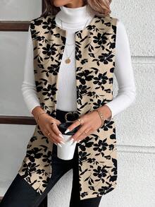 SHEIN LUNE Casual Elegant Knit Women's Floral Print Jacket, Suitable For Autumn/Winter, Suitable For Outings And Commuting - Multicolor - View 3