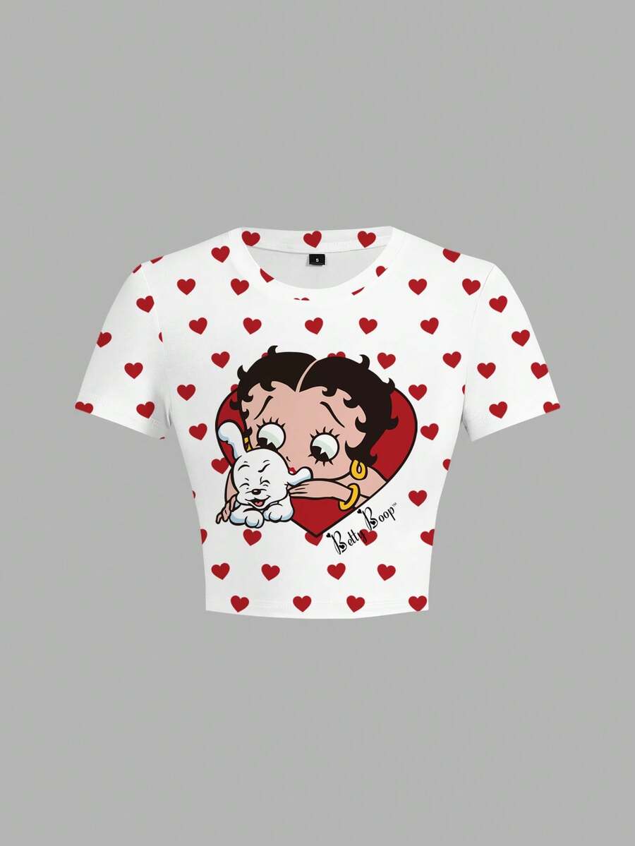 Betty Boop x SHEIN Women's Summer Cartoon Figure And Heart Print Fitted T-Shirt Heart Shirt Short Sleeve Tee Cartoon Graphic Tee - White - View 1