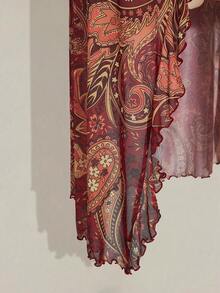 SHEIN ICON 大码性感复古波西米亚风西部女孩度假音乐节上衣：红色佩斯利印花上衣，正面蝴蝶结系带，透视网纱V领喇叭袖/冬季上衣 - 紅色 - 查看 10