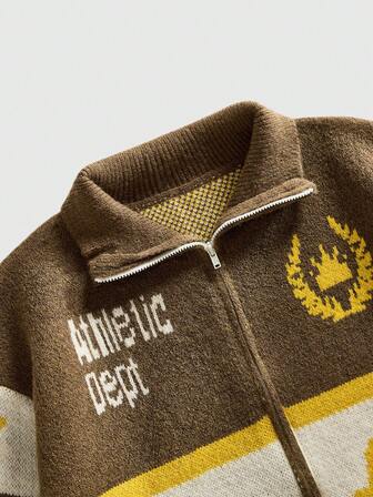 Men's Stand Collar Letter Jacquard Zip-Up Cardigan