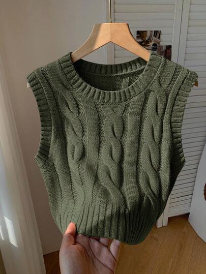 Comfortcana Women's Olive Green Crew Neck Twist Knit Vest, Casual Versatile, Suitable For School/Campus Wear In Autumn/Winter,Christmas Sweater Women