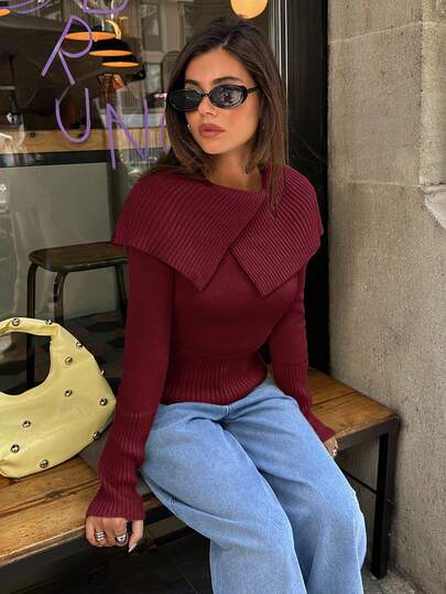 Aloruh Women's Burgundy Turtleneck Long Sleeve Fitted Sweater, Autumn/Winter