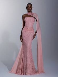 Elitara Elegantes, luxuriöses, dehnbares Spitzen-Bustier mit Formung, betonter Ausschnitt, reich verziert mit Strass und abnehmbarem perlenbesetztem Träger, taillenschmeichelnder plissierter Fischschwanzsaum Kleid, geeignet für Hochzeiten, Singles-Partys, Urlaub, Galas, festliche Anlässe