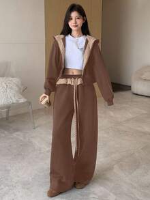 DAZY 女士落肩拉链连帽衫和阔腿裤休闲两件套运动服套装，女士家居服套装 - 咖啡棕 - 查看 2