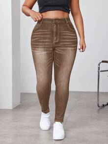 SHEIN EZwear 大码女式高腰口袋紧身休闲百搭牛仔裤 - 棕色 - 查看 4