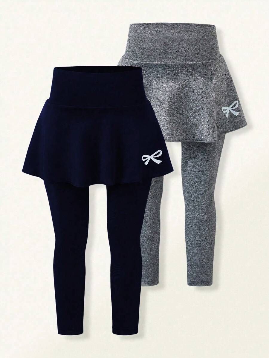 SHEIN 2 件套女童休闲优雅公主蝴蝶结和蝴蝶图案印花裙和紧身裤套装，适合春夏季、假日、夏季、旅行 - 藏蓝色 - 查看 1