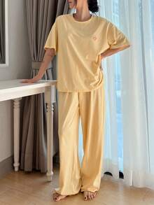 DAZY 2pcs Women Loose Short Sleeve Pajama Set - Yellow - View 3