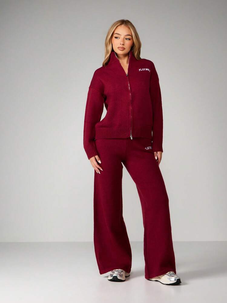 Missguided x Playboy Christmas Knit Zip Up Cardigan Wide Leg Trouser Matching Coord Set Autumn Winter Loungewear