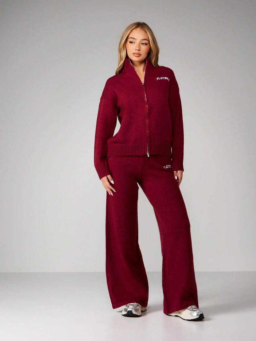 Missguided x Playboy Christmas Knit Zip Up Cardigan Wide Leg Trouser Matching Coord Set Autumn Winter Loungewear - Red Violet - View 1