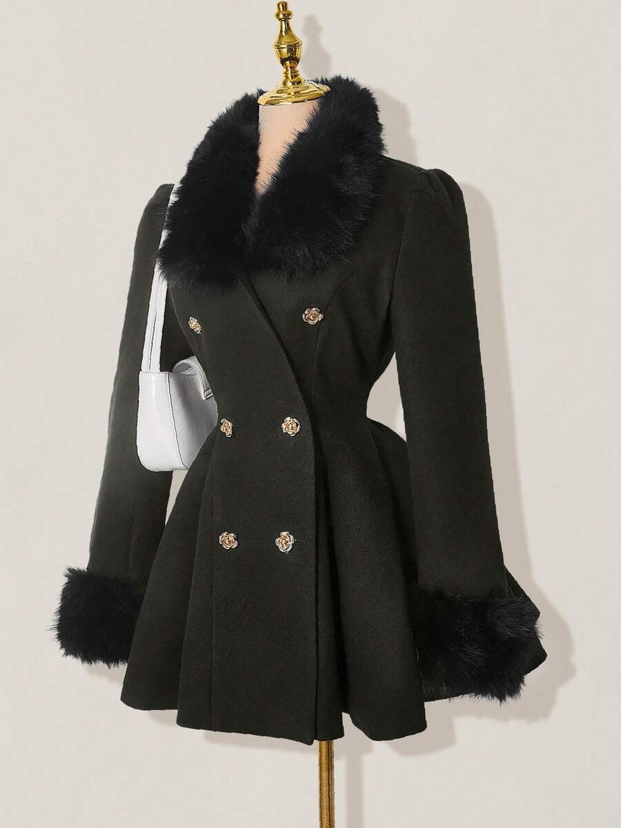 SHEIN ICON 女士优雅双排扣喇叭形人造毛皮拼布夹克，秋冬 - 墨綠色 - 查看 1