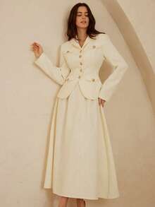 Aveloria Rosie 粗花呢面料优雅别致设计修身女式夹克，带纽扣口袋，粗花呢喇叭形简约风格女式半身裙 2 件套 - 米色 - 查看 3