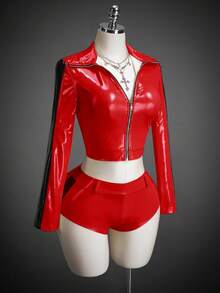 SHEIN ICON Women's Halloween COS Contrast Color Cropped Jacket And Shorts Set, Christmas - Red - View 6