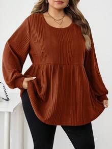 SHEIN CURVE+ 大码女式休闲罗纹荷叶边下摆T恤，秋冬/秋冬 - 橘色 - 查看 4