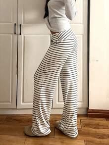 CovetEZ 女式低腰条纹拉绒抽绳瑜伽休闲阔腿裤，秋冬 - 黑與白 - 查看 2