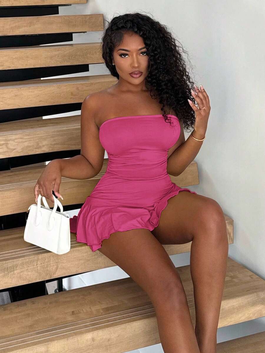 Alexandranx Women's Solid Color Ruched Hem Jumpsuit - Hot Pink - View 1