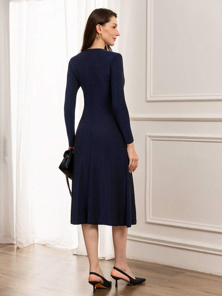 Vestido midi de unicolor elegante con cintura ceñida, adecuado para ir al trabajo