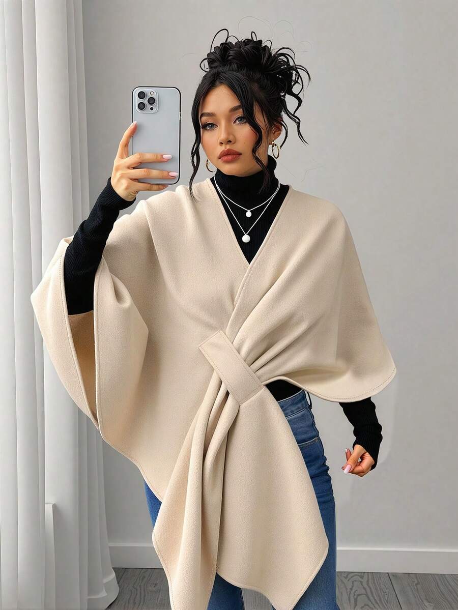 Elenzga Plus Size Women Wool Blend One-Piece Cloak Jacket