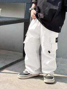 SHEIN Young Boy 1pc Casual Hip Cool Hip Hop Style Loose Windbreaker Material Large Patch Pockets College Style Wide Leg Pants Homecoming; Autumn/Winter