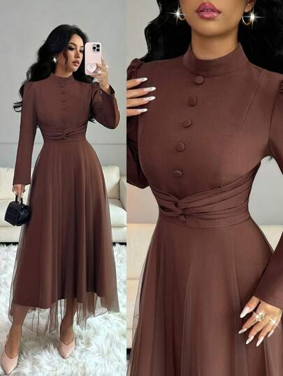 SHEIN Elenzya Vestido de mujer de tela marrón café con diseño de cuello de malla de contraste y cintura, de alta calidad elegante, adecuado para regalo de cumpleaños, cita, viaje, atuendo de maestra, uso profesional